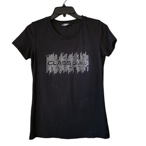Roberto Cavalli Class T-Shirt Women's M Black Rhinestone Short Sleeves
